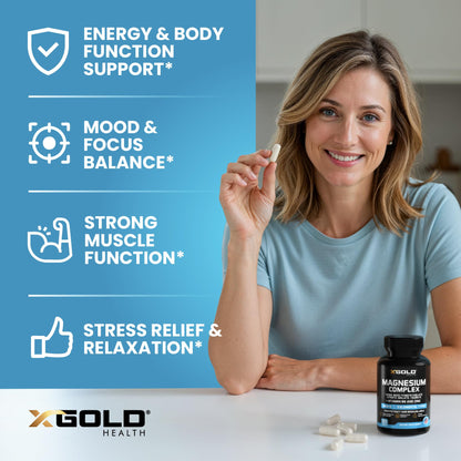 X Gold Health Magnesium Complex 5-in-1 with Zinc & B6 High Absorption Capsules (Glycinate, Citrate, Malate, Taurate, Oxide) Muscle Recovery, Energy, Sleep Support & Immune Health 500mg Made in USA - Maple Wellness Supplements