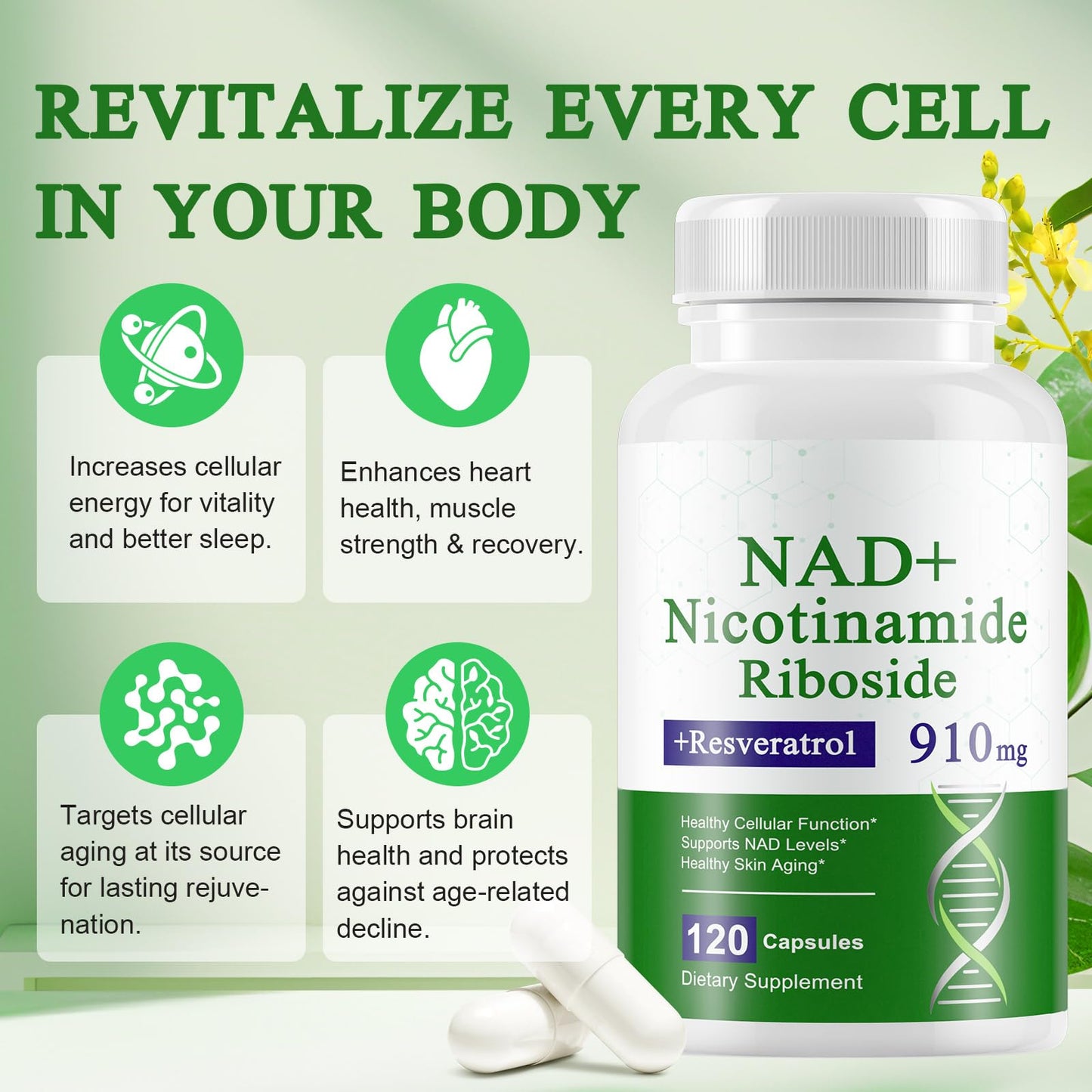 Xaarty NAD Supplement, 910MG Liposomal NAD for Women & Men, Nicotinamide Riboside, Resveratrol, Quercetin, NAD Resveratrol Supplement for Anti-Aging, 120 Capsules - Maple Wellness Supplements