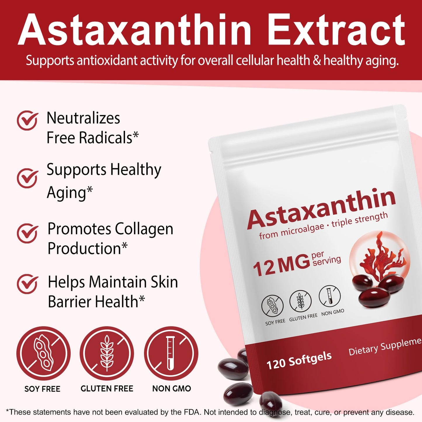 Xaarty Premium Astaxanthin 12mg, Natural Antioxidant Supplement for Eye, Joint, Skin Health,Microalgae Source, 4 Month Supply - Maple Wellness Supplements
