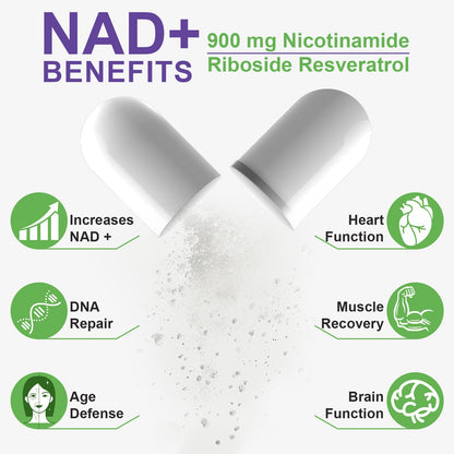 XINSZLIN NAD Supplement, NAD+ Nicotinamide Riboside Resveratrol 900mg, Dietary Supplement for Healthy Cellular Function, NAD+ Fuels Cellular Defense and Cctivates Anti-Aging Genes 80 Capsules - Maple Wellness Supplements