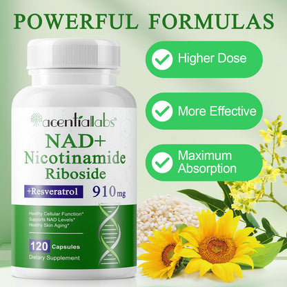 XINSZLIN NAD Supplement, NAD Nicotinamide Riboside Resveratrol 910mg, High Purity NAD Supplement for Healthy Cellular Function, Supports NAD Levels Healthy Skin Aging Dietary Supplement 120 Capsules - Maple Wellness Supplements