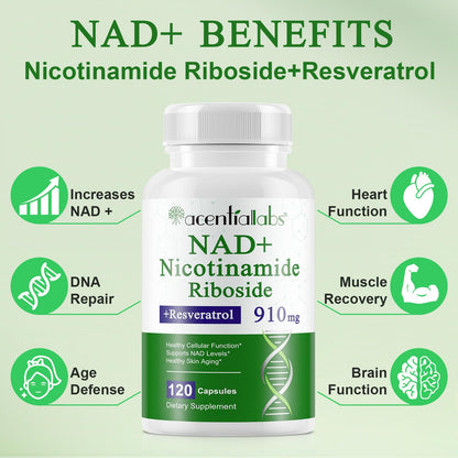 XINSZLIN NAD Supplement, NAD Nicotinamide Riboside Resveratrol 910mg, High Purity NAD Supplement for Healthy Cellular Function, Supports NAD Levels Healthy Skin Aging Dietary Supplement 120 Capsules - Maple Wellness Supplements