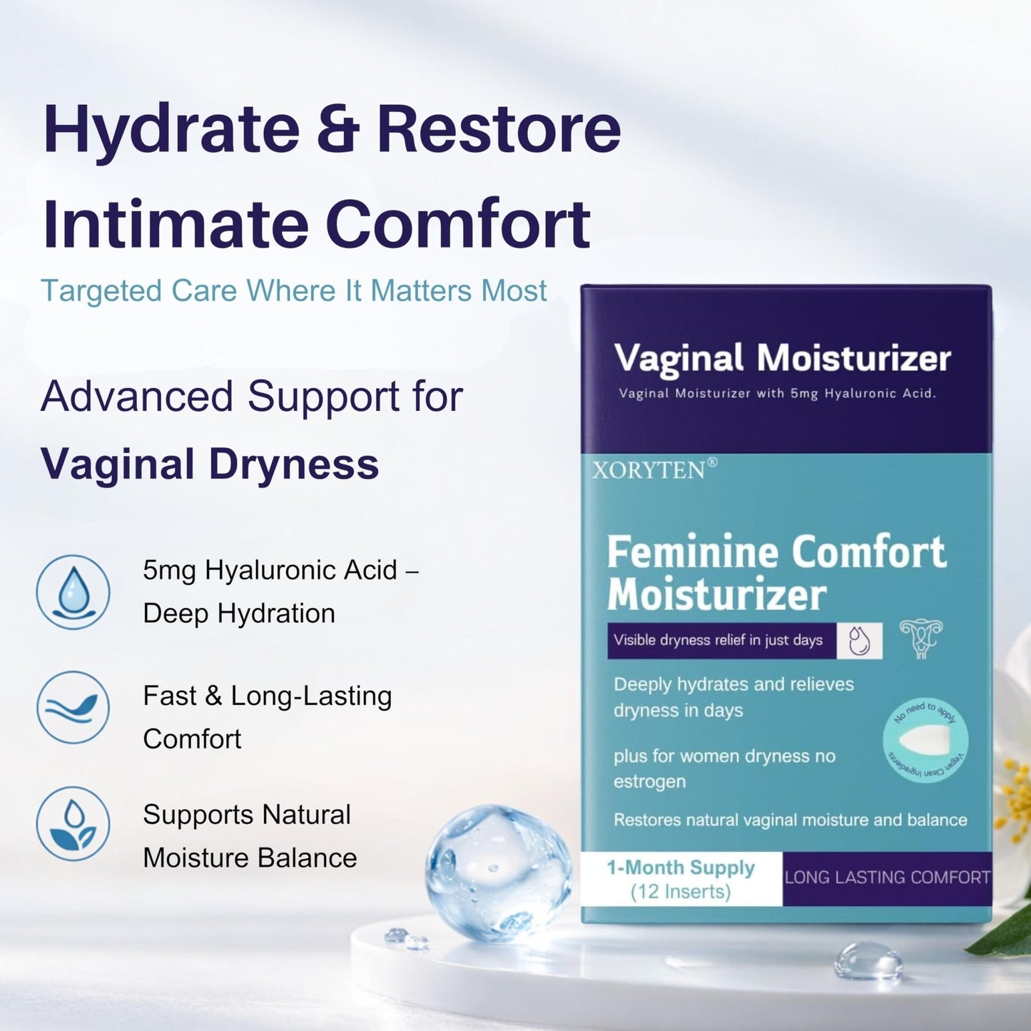 XORYTEN Vaginal Moisturizer for Revarey– 5mg Hyaluronic Acid – Vaginal Dryness, Hormone-Free Soothing Inserts, Non-Greasy, 12 Suppositories – 1 Month Supply (No fragrance) - Maple Wellness Supplements