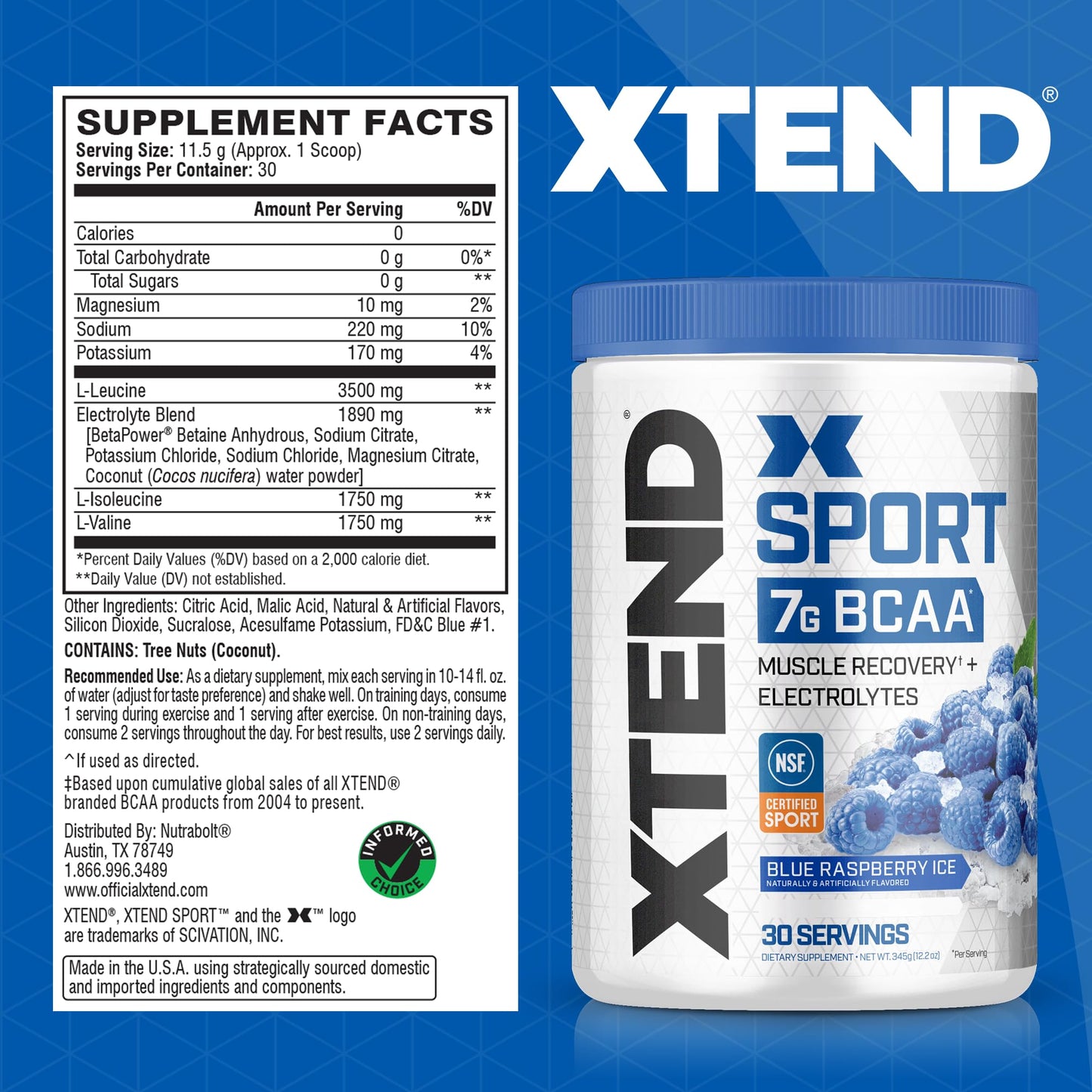 XTEND Sport BCAA Powder Blue Raspberry Ice - Electrolyte Powder for Recovery & Hydration with Amino Acids - 30 Servings - Maple Wellness Supplements