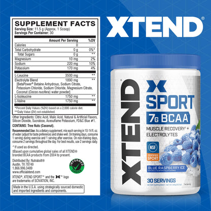XTEND Sport BCAA Powder Blue Raspberry Ice - Electrolyte Powder for Recovery & Hydration with Amino Acids - 30 Servings - Maple Wellness Supplements
