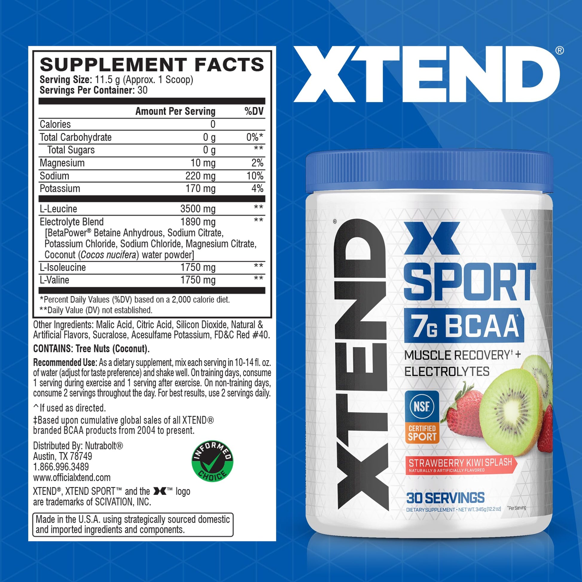 XTEND Sport BCAA Powder Strawberry Kiwi Splash - Electrolyte Powder for Recovery & Hydration with Amino Acids - 30 Servings - Maple Wellness Supplements