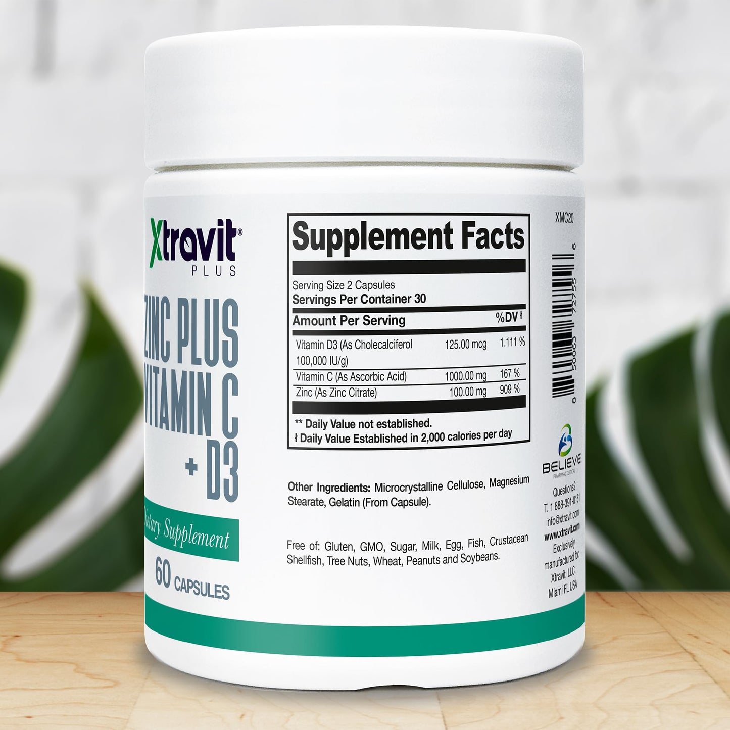 Xtravit Zinc Plus Vitamin C + D3 Supplement – Natural Immune Defense Supplements for Men & Women - May Support Skin, Energy, Bones, & Overall Wellness - Non-GMO, Gluten-Free, No Fillers, 60 Capsules - Maple Wellness Supplements
