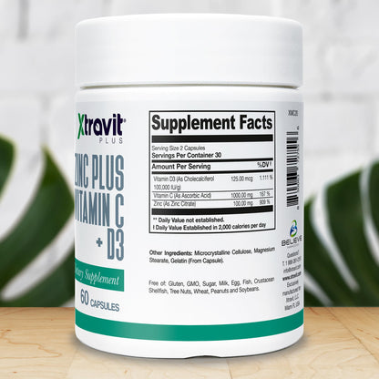 Xtravit Zinc Plus Vitamin C + D3 Supplement – Natural Immune Defense Supplements for Men & Women - May Support Skin, Energy, Bones, & Overall Wellness - Non-GMO, Gluten-Free, No Fillers, 60 Capsules - Maple Wellness Supplements