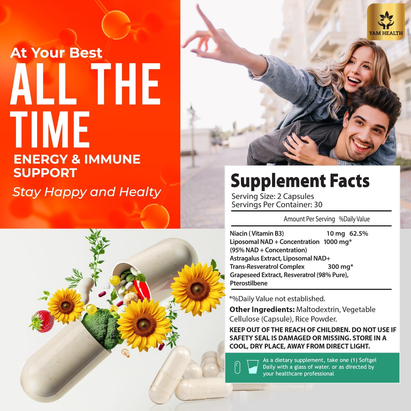 YAM Health Liposomal NAD Nicotinamide Riboside Equivalent with Trans-Resveratrol 300mg, Premium Halal NAD Supplement for Energy Metabolism, DNA Repair and Longevity, Vegan, Non-GMO (60 Count) - Maple Wellness Supplements