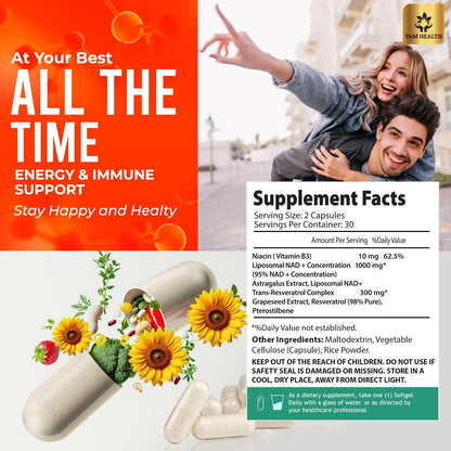 YAM Health Liposomal NAD Nicotinamide Riboside Equivalent with Trans-Resveratrol 300mg, Premium Halal NAD Supplement for Energy Metabolism, DNA Repair and Longevity, Vegan, Non-GMO (60 Count) - Maple Wellness Supplements