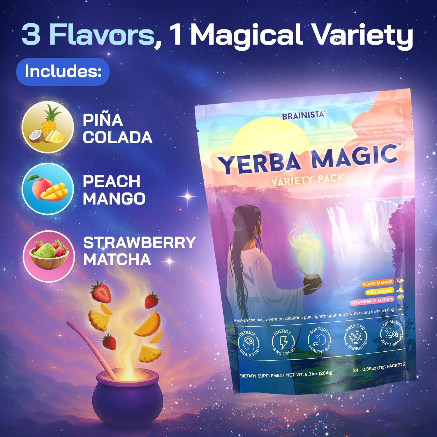 Yerba Magic Instant Yerba Mate Powder Packets – Clean Energy & Focus Drink Mix for Gut Health – Nootropic Blend with Lion’s Mane, L-Theanine, Prebiotics & Probiotics – Low Sugar Natural Caffeine – Variety Pack, 24 Sticks - Maple Wellness Supplements