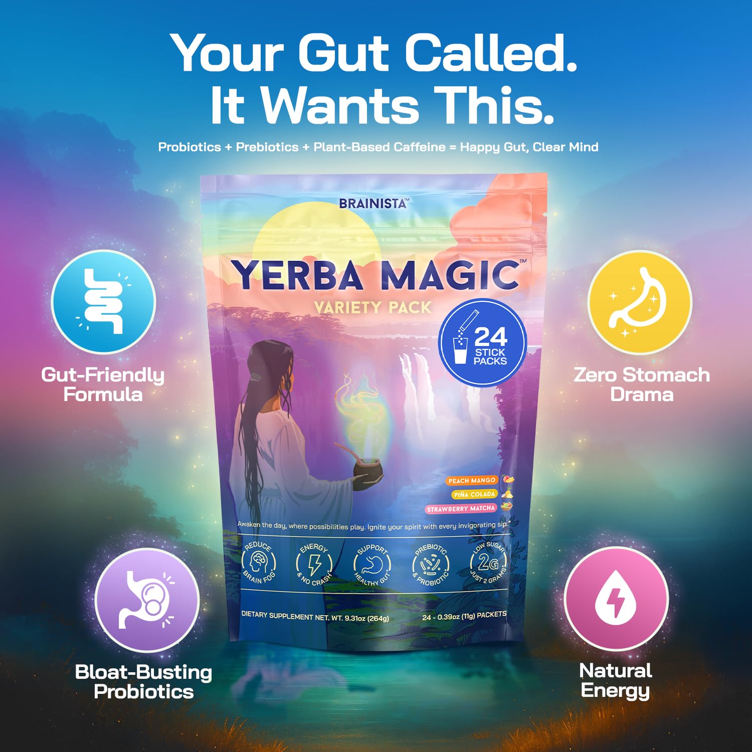 Yerba Magic Instant Yerba Mate Powder Packets – Clean Energy & Focus Drink Mix for Gut Health – Nootropic Blend with Lion’s Mane, L-Theanine, Prebiotics & Probiotics – Low Sugar Natural Caffeine – Variety Pack, 24 Sticks - Maple Wellness Supplements
