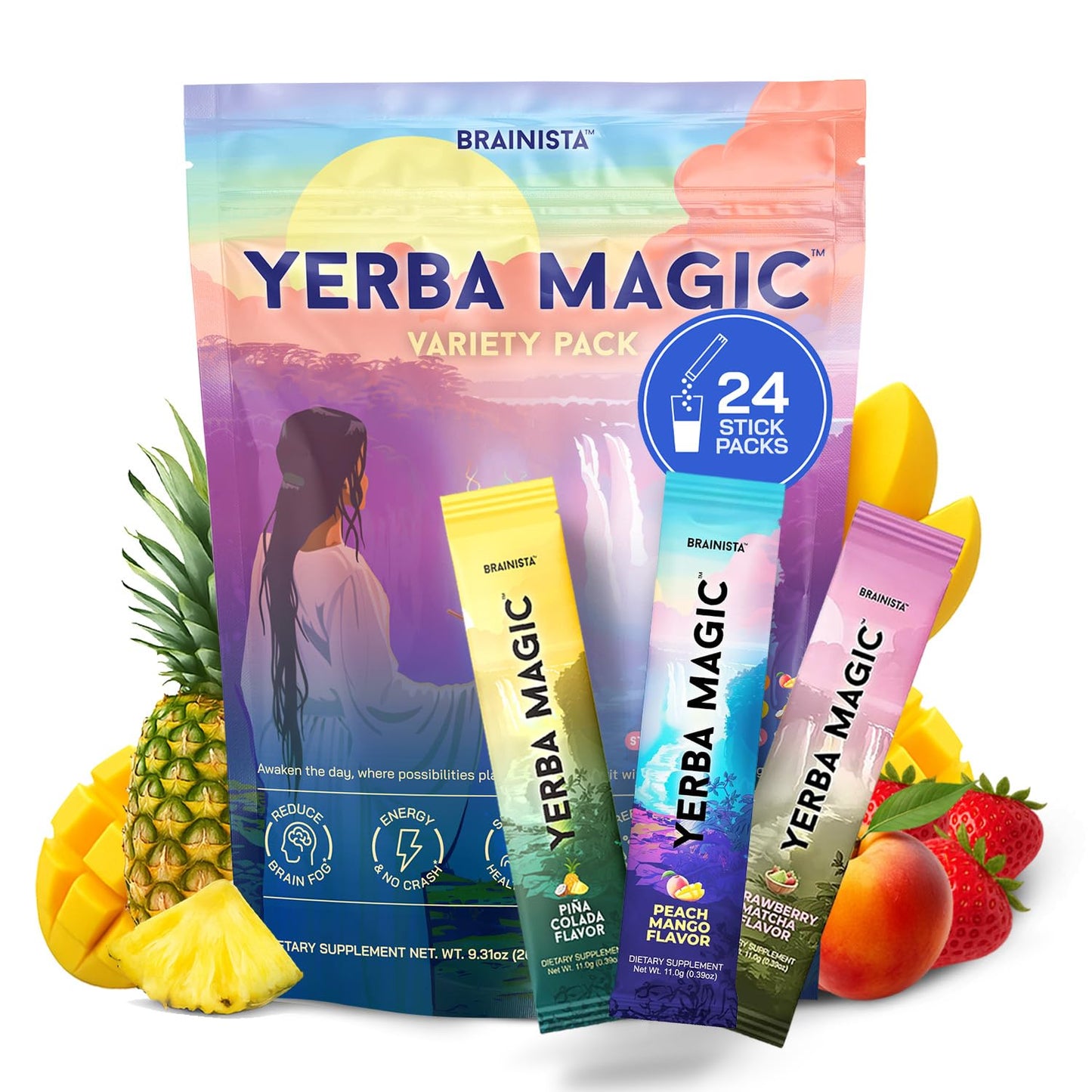 Yerba Magic Instant Yerba Mate Powder Packets – Clean Energy & Focus Drink Mix for Gut Health – Nootropic Blend with Lion’s Mane, L-Theanine, Prebiotics & Probiotics – Low Sugar Natural Caffeine – Variety Pack, 24 Sticks - Maple Wellness Supplements