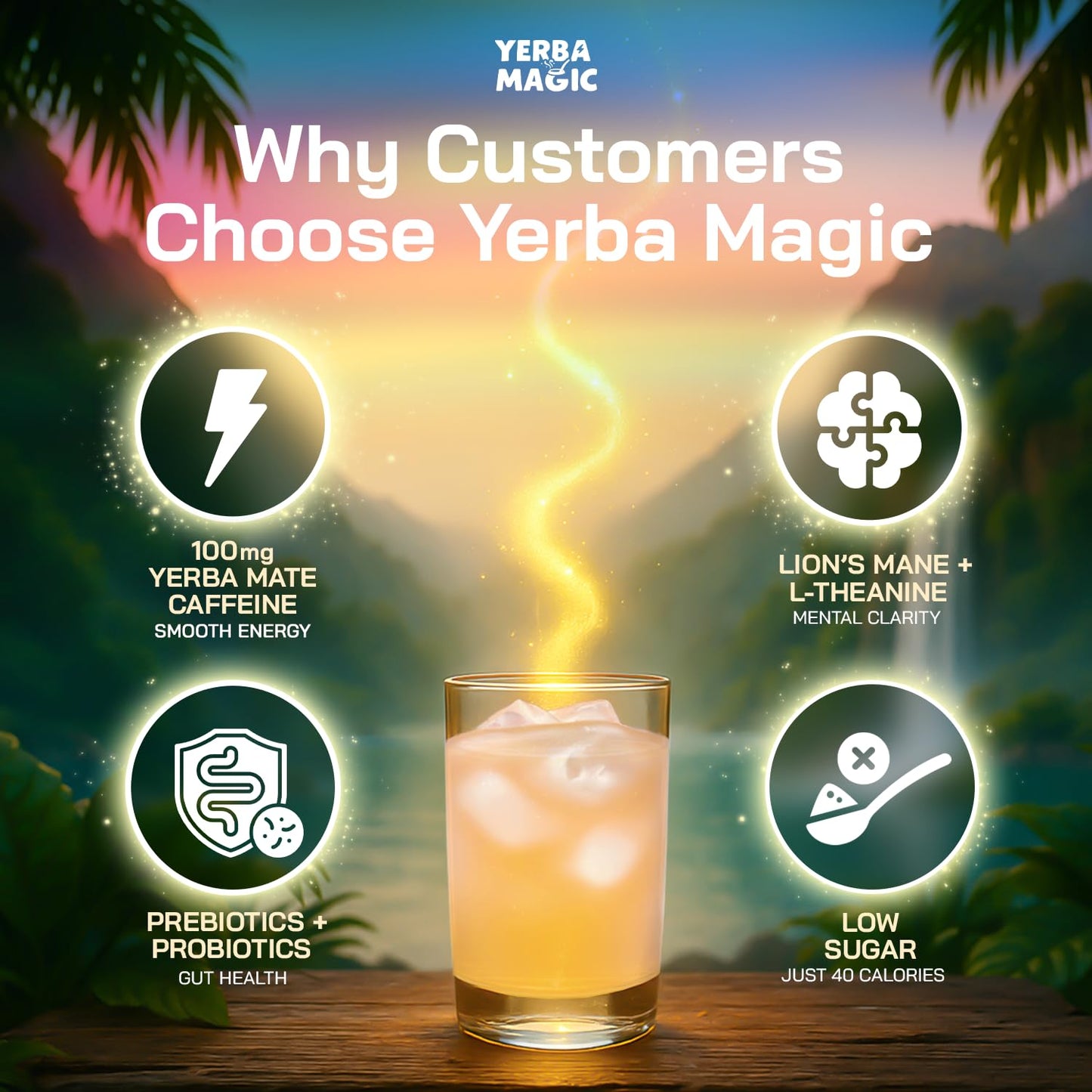 Yerba Magic Instant Yerba Mate Powder Packets – Clean Energy & Focus Drink Mix for Gut Health – Nootropic Blend with Lion’s Mane, L-Theanine, Prebiotics & Probiotics – Low Sugar Natural Caffeine – Variety Pack, 24 Sticks - Maple Wellness Supplements