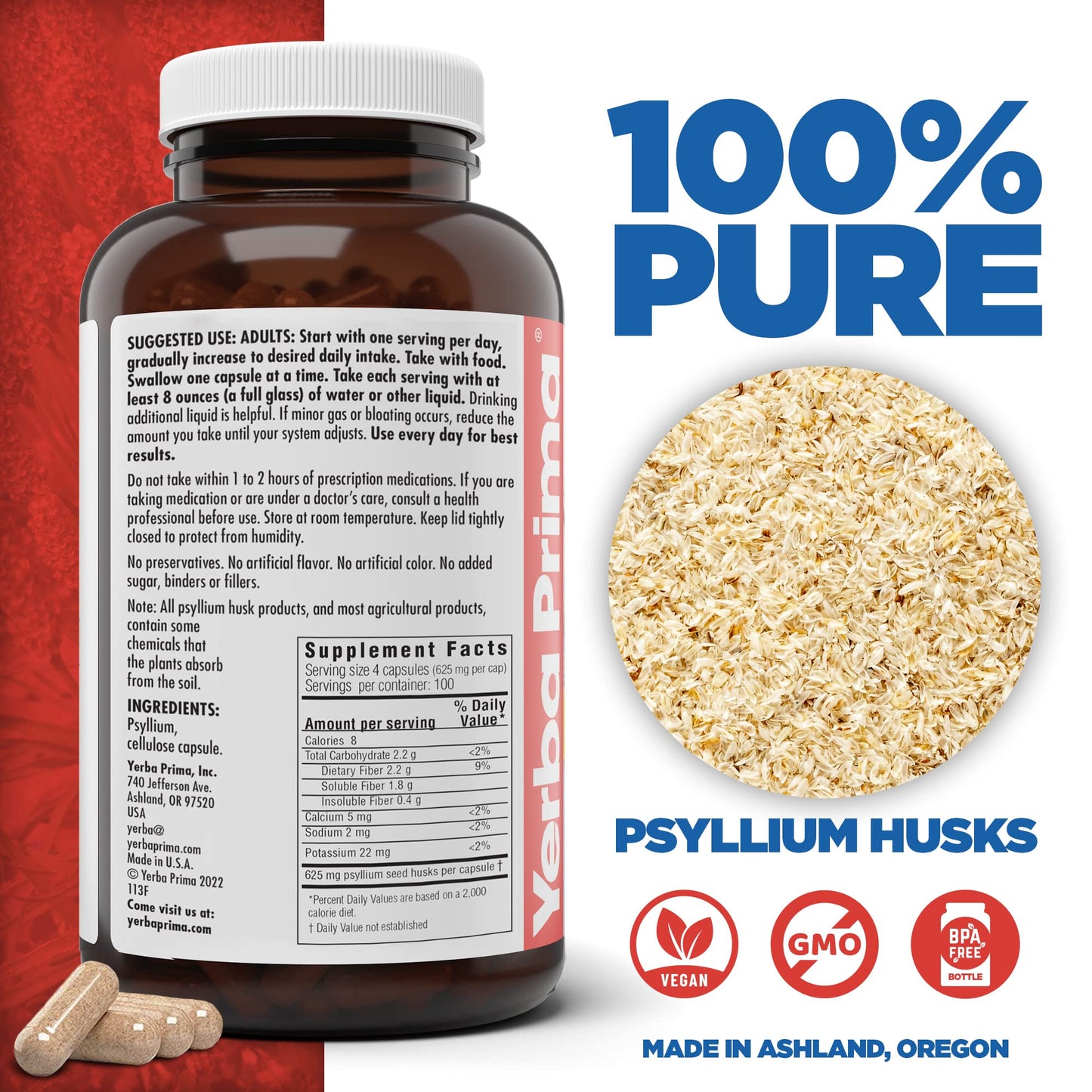 Yerba Prima Psyllium Husks Veg Caps, 400 Capsules (625mg) - Vegan, Non-GMO, Gluten Free, Colon Cleanser - Maple Wellness Supplements