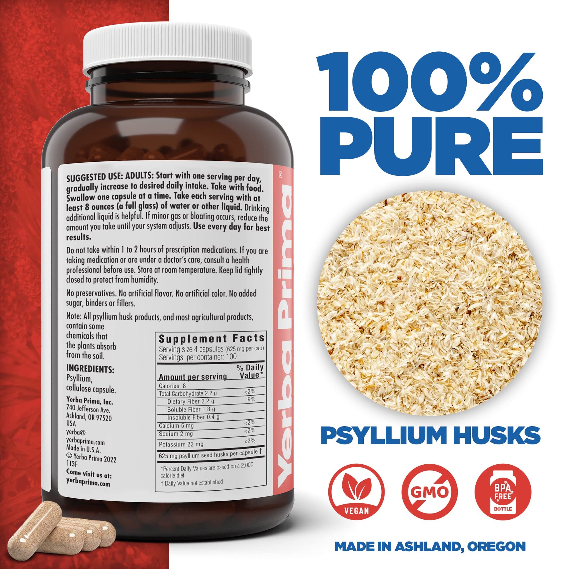Yerba Prima Psyllium Husks Veg Caps, 400 Capsules (625mg) - Vegan, Non-GMO, Gluten Free, Colon Cleanser - Maple Wellness Supplements
