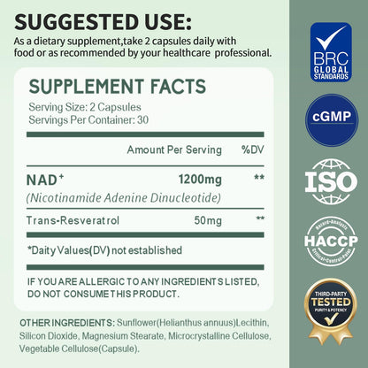 YMINGKJ NAD+ Supplement with Resveratrol 1200mg – Nicotinamide Adenine Dinucleotide & Trans-Resveratrol 50mg, Anti-Aging Cellular Energy & Metabolism Support, 60 Vegetarian Capsules (30 Servings) - Maple Wellness Supplements