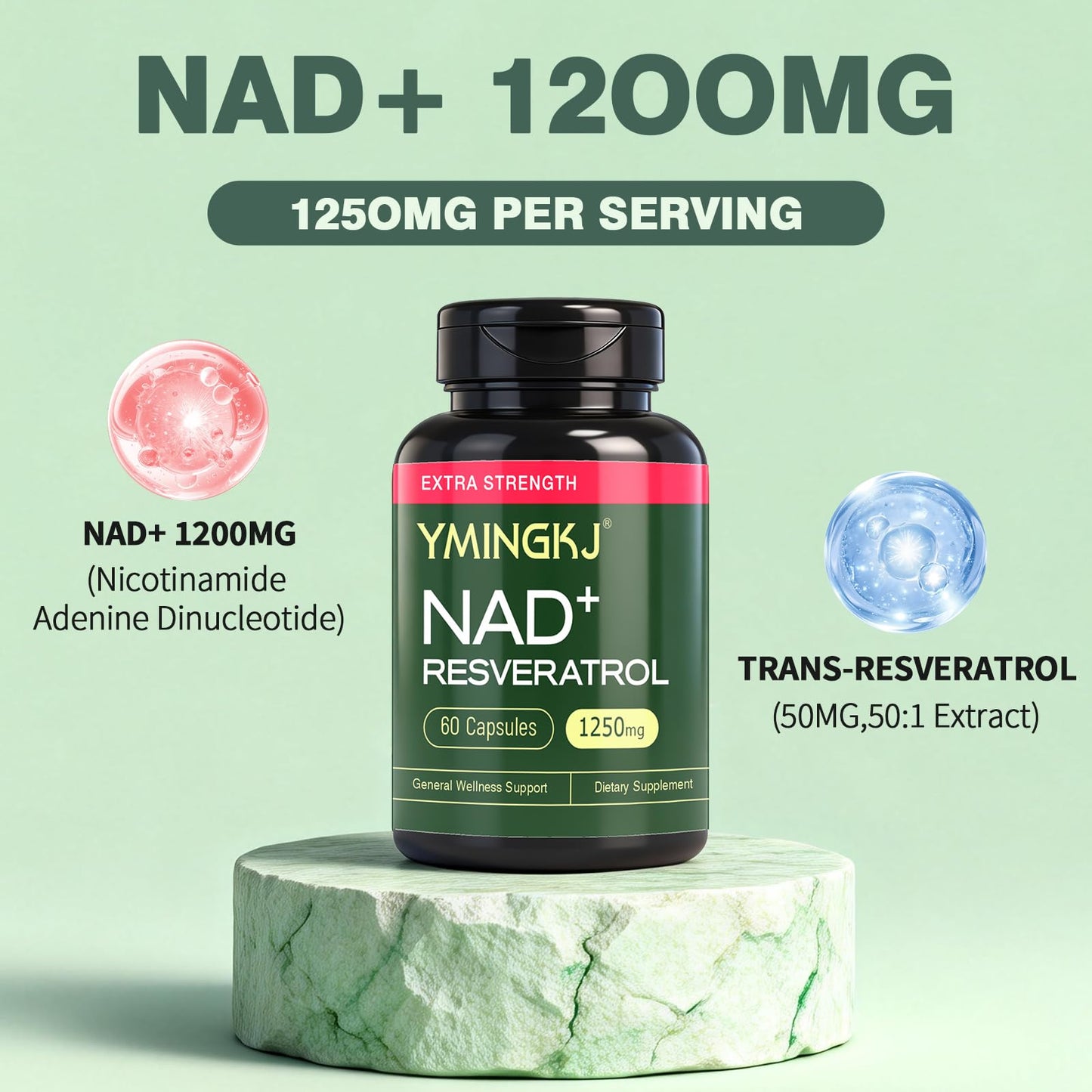 YMINGKJ NAD+ Supplement with Resveratrol 1200mg – Nicotinamide Adenine Dinucleotide & Trans-Resveratrol 50mg, Anti-Aging Cellular Energy & Metabolism Support, 60 Vegetarian Capsules (30 Servings) - Maple Wellness Supplements