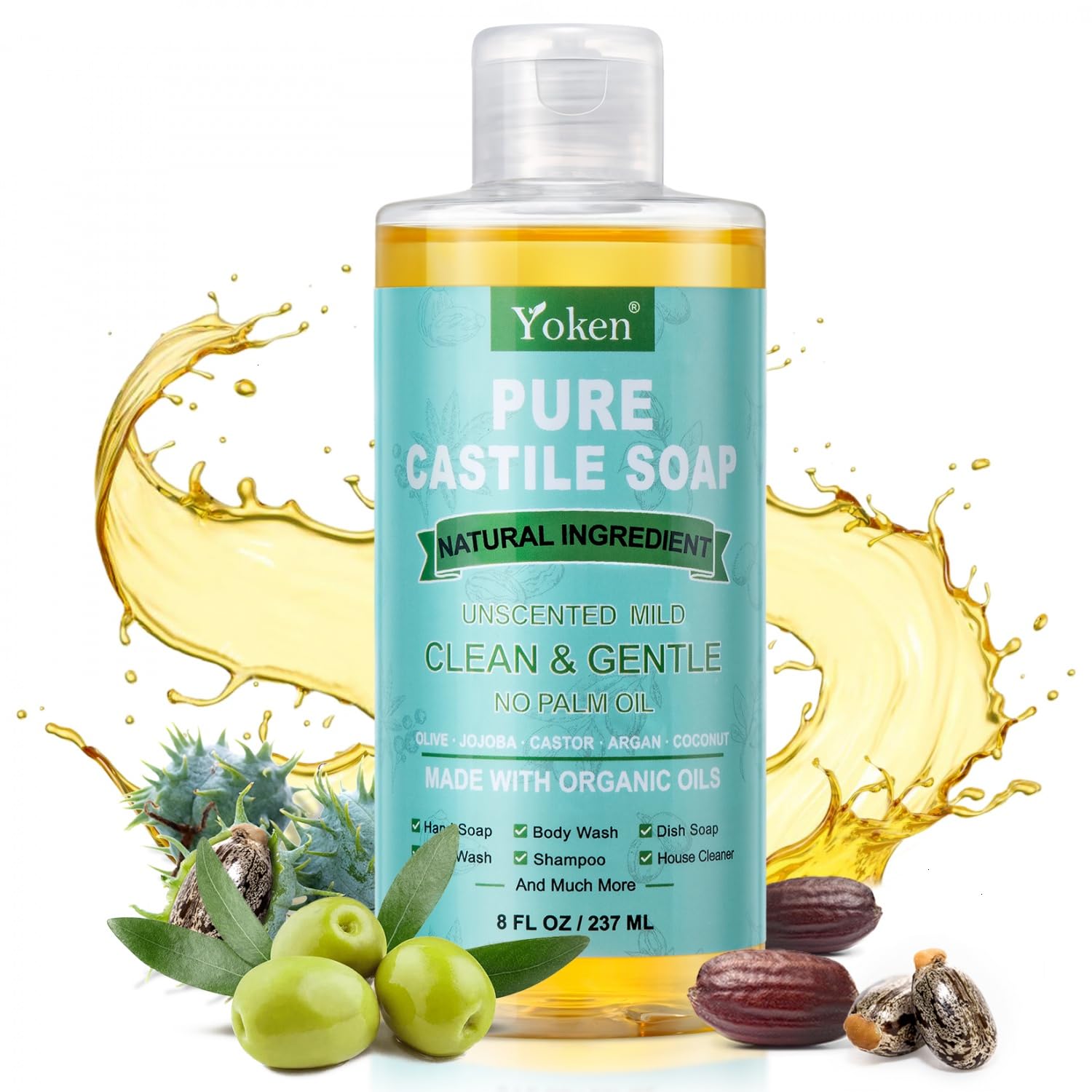 Yoken Pure Castile Liquid Soap Organic (EWG Verified, Unscented, 8 OZ), Made with Organic Oils, No Added Fragrance, Vegan, Castile Soap Liquid for Face - Maple Wellness Supplements