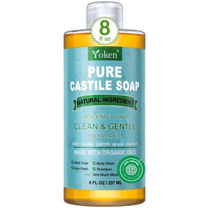 Yoken Pure Castile Liquid Soap Organic (EWG Verified, Unscented, 8 OZ), Made with Organic Oils, No Added Fragrance, Vegan, Castile Soap Liquid for Face - Maple Wellness Supplements