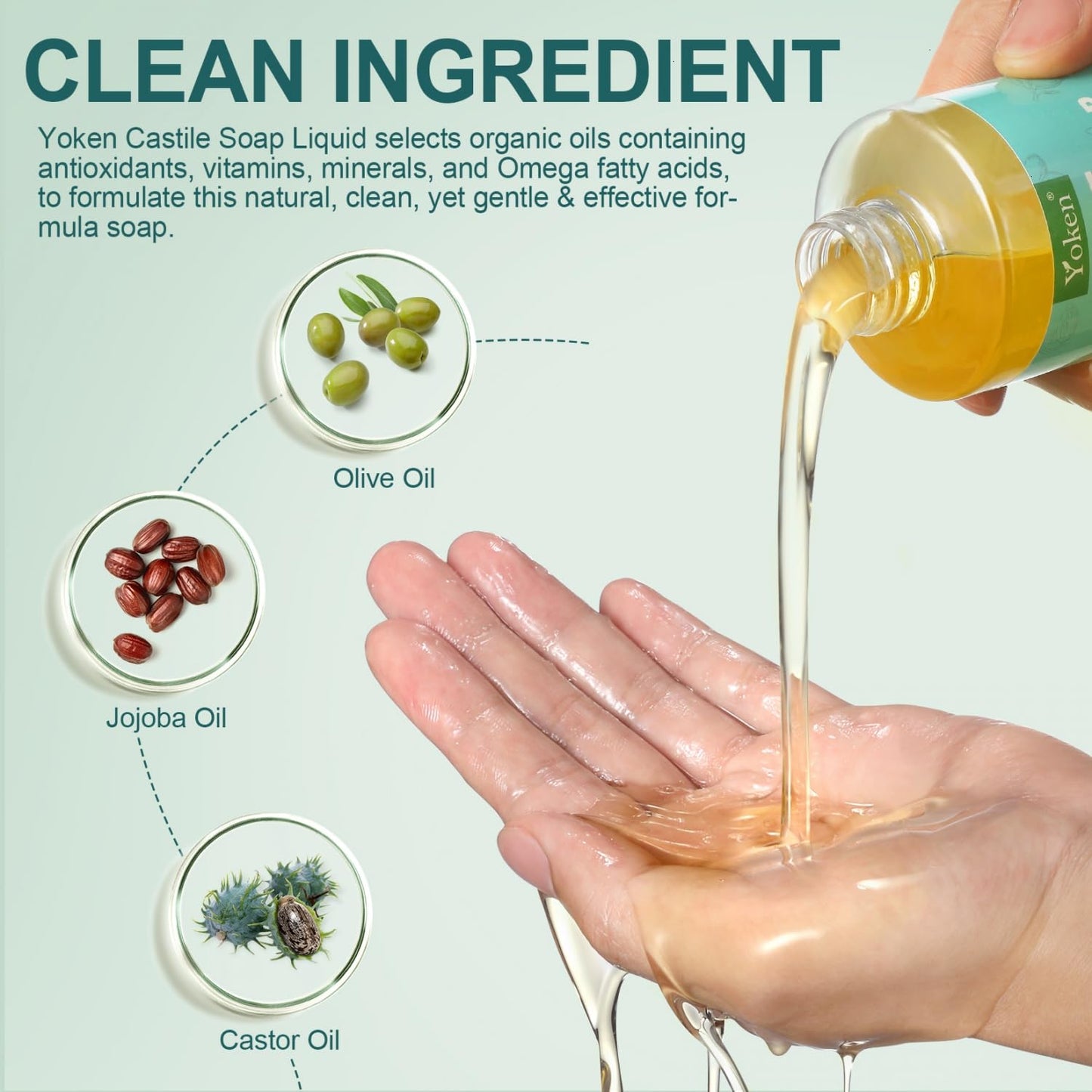 Yoken Pure Castile Liquid Soap Organic (EWG Verified, Unscented, 8 OZ), Made with Organic Oils, No Added Fragrance, Vegan, Castile Soap Liquid for Face - Maple Wellness Supplements