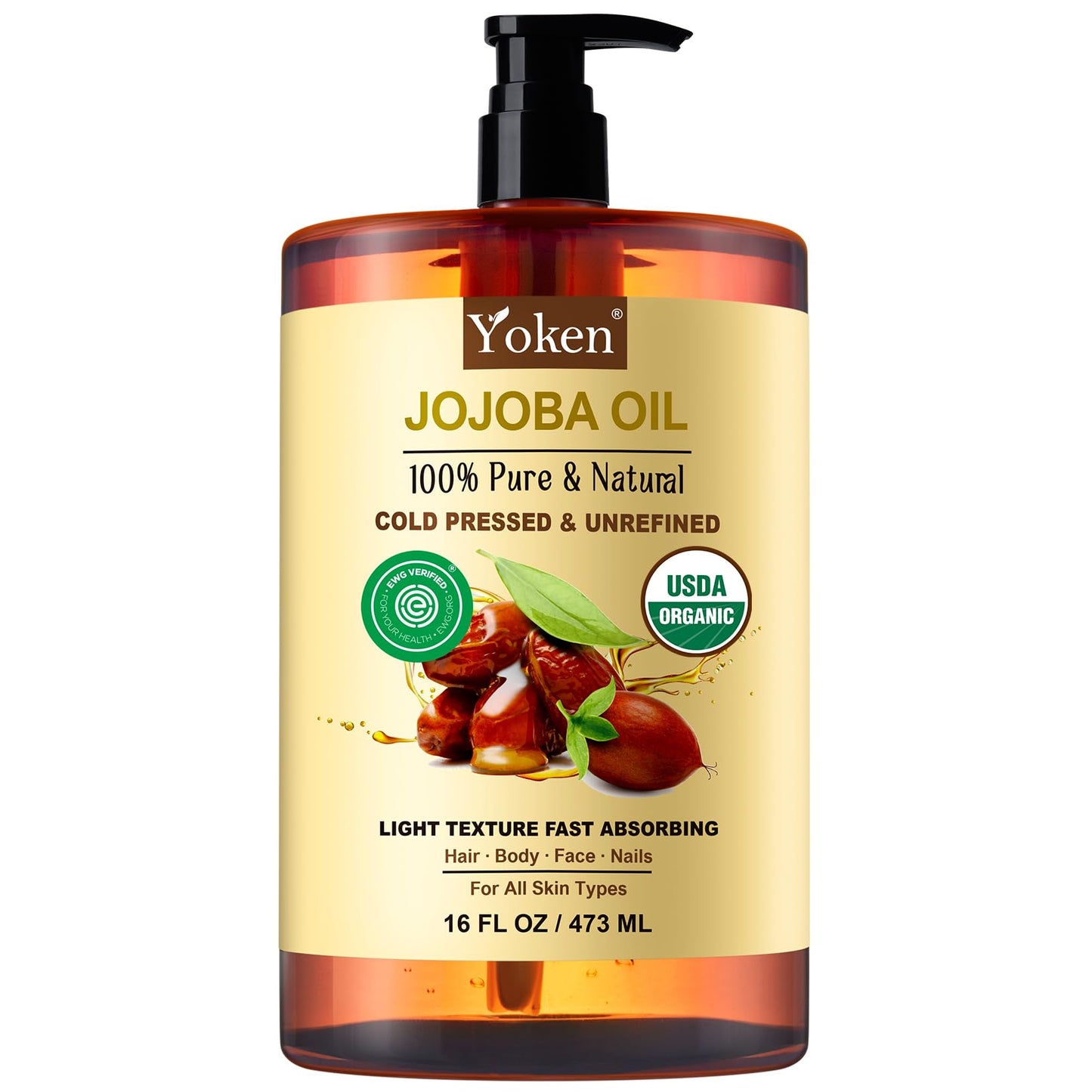 Yoken Pure Jojoba Oil Organic USDA Certified 16 fl oz, 100% Natural Jojoba Oil for Hair - Maple Wellness Supplements