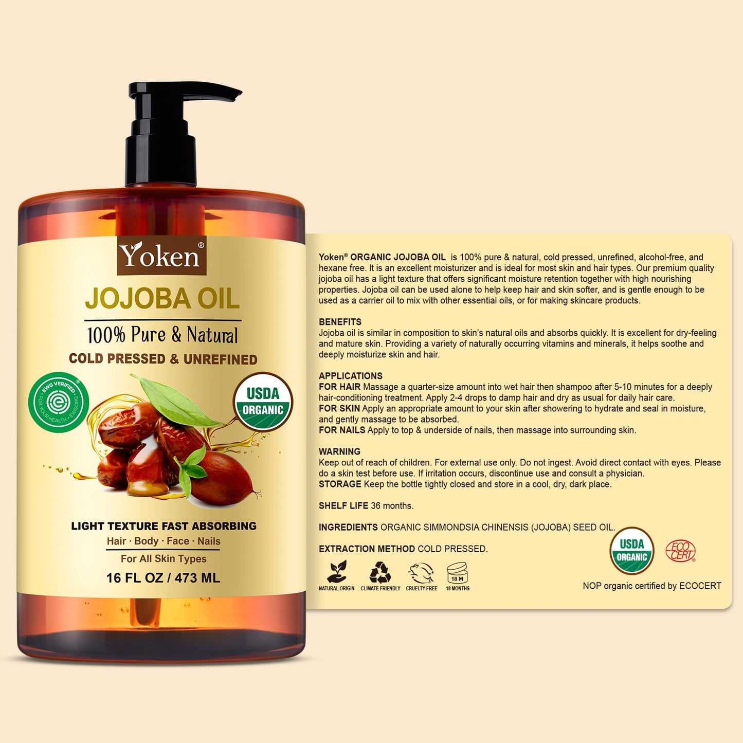 Yoken Pure Jojoba Oil Organic USDA Certified 16 fl oz, 100% Natural Jojoba Oil for Hair - Maple Wellness Supplements