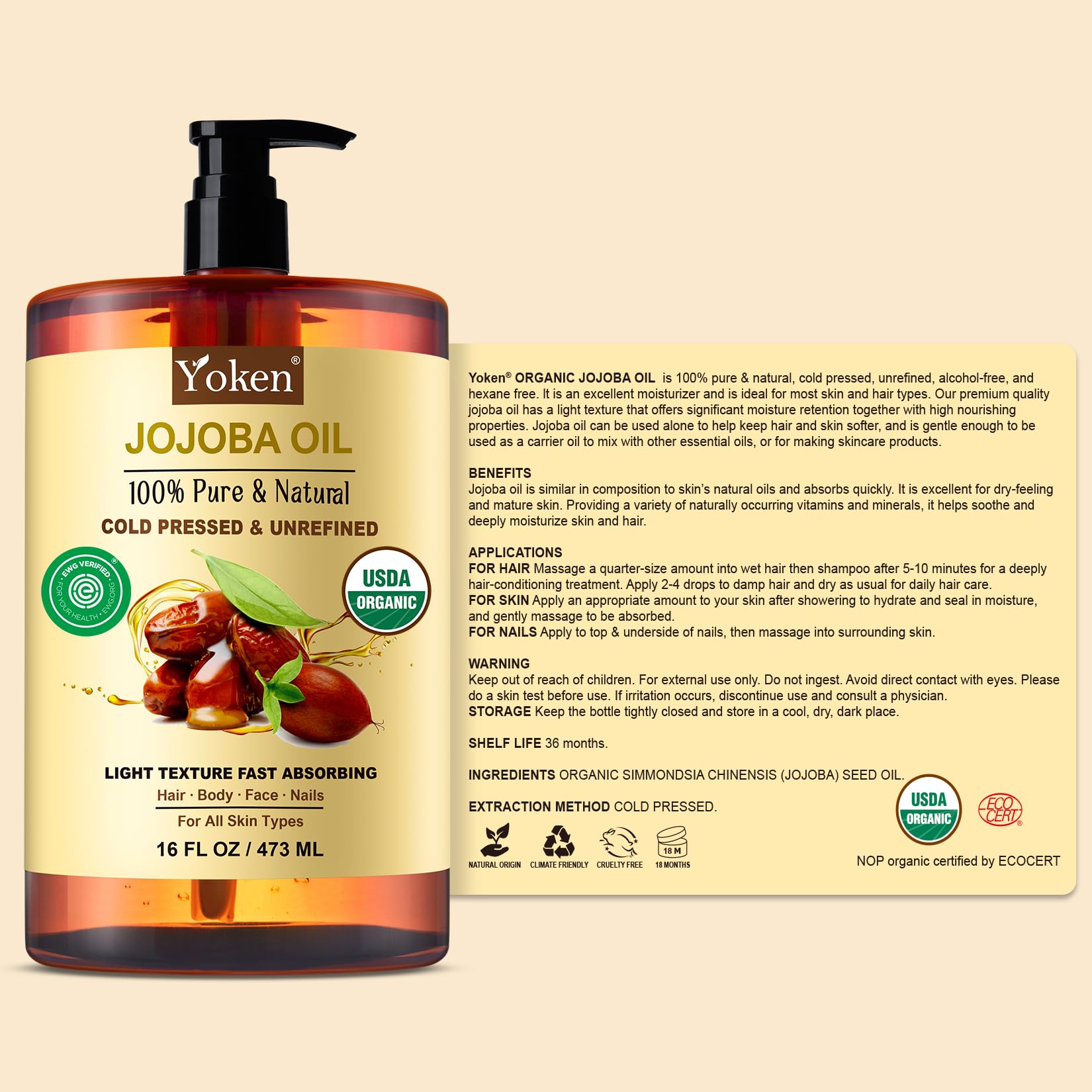 Yoken Pure Jojoba Oil Organic USDA Certified 16 fl oz, 100% Natural Jojoba Oil for Hair - Maple Wellness Supplements