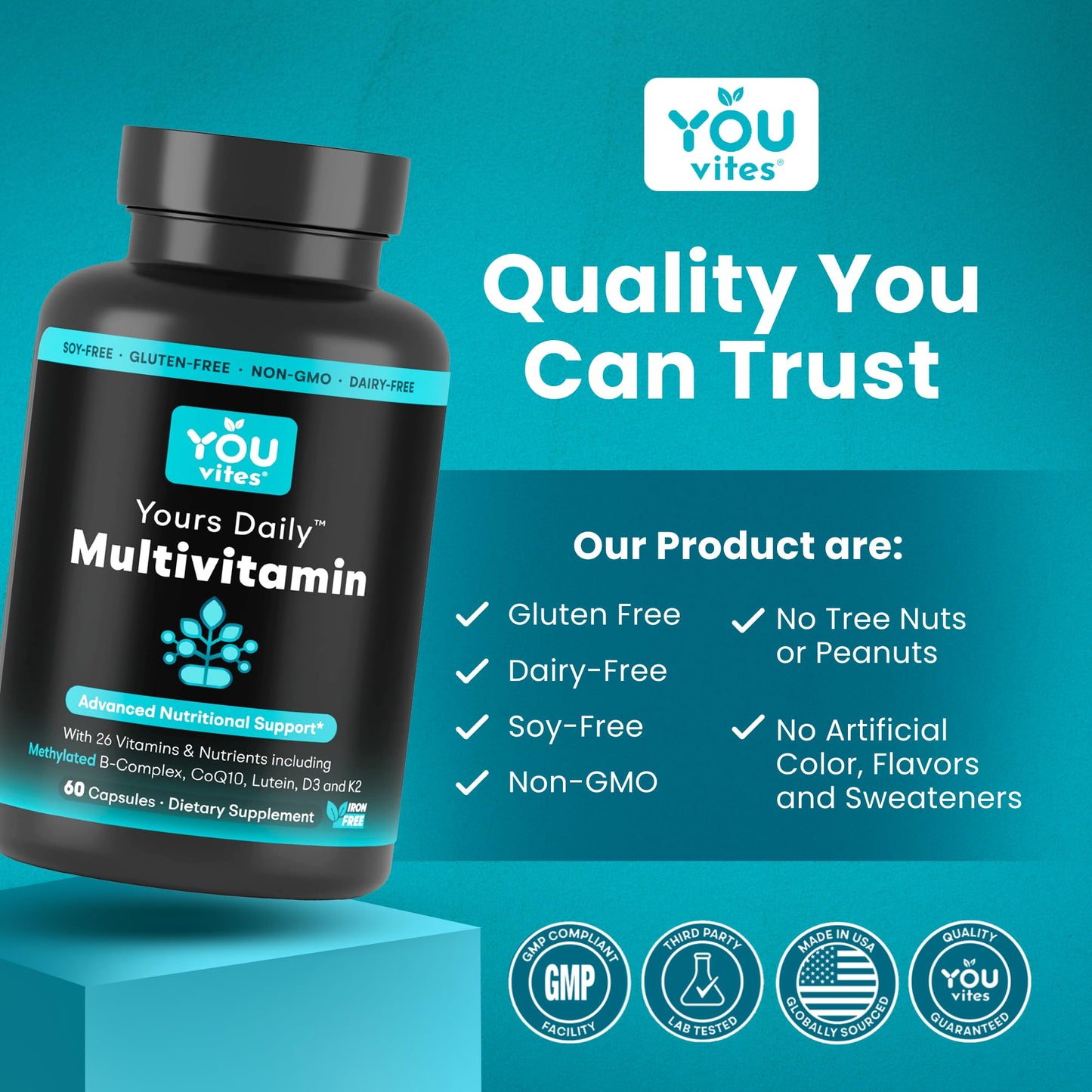 You Vites - Methylated Multivitamin for Men and Women, Methyl Multi Without Iron - 60 Capsules, MTHFR Supplement with Methyl B12, Methylfolate (5-MTHF), CoQ10 for Energy, Heart and Mood Support - Maple Wellness Supplements