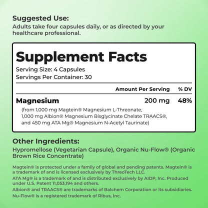 You Vites Threonix Triple Magnesium Complex - Magtein L-Threonate, Bisglycinate Chelate TRAACS & ATA Mg - Brain, Sleep, Mood & Focus Support - High Absorption, Gentle on Stomach - 120 Capsules - Maple Wellness Supplements