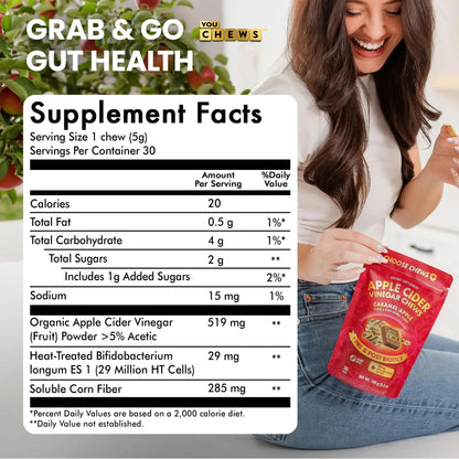 YouChews Apple Cider Vinegar Chews Better Than Apple Cider Gummies - Bloating Relief for Women and Men, 500mg Organic ACV with Prebiotics & Postbiotics, Low Sugar, Caramel Flavor, 30 Count - Maple Wellness Supplements