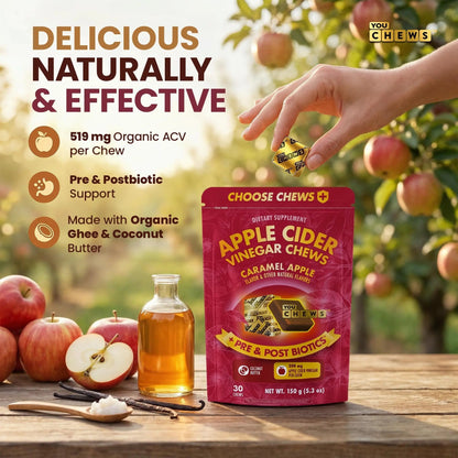YouChews Apple Cider Vinegar Chews Better Than Apple Cider Gummies - Bloating Relief for Women and Men, 500mg Organic ACV with Prebiotics & Postbiotics, Low Sugar, Caramel Flavor, 30 Count - Maple Wellness Supplements
