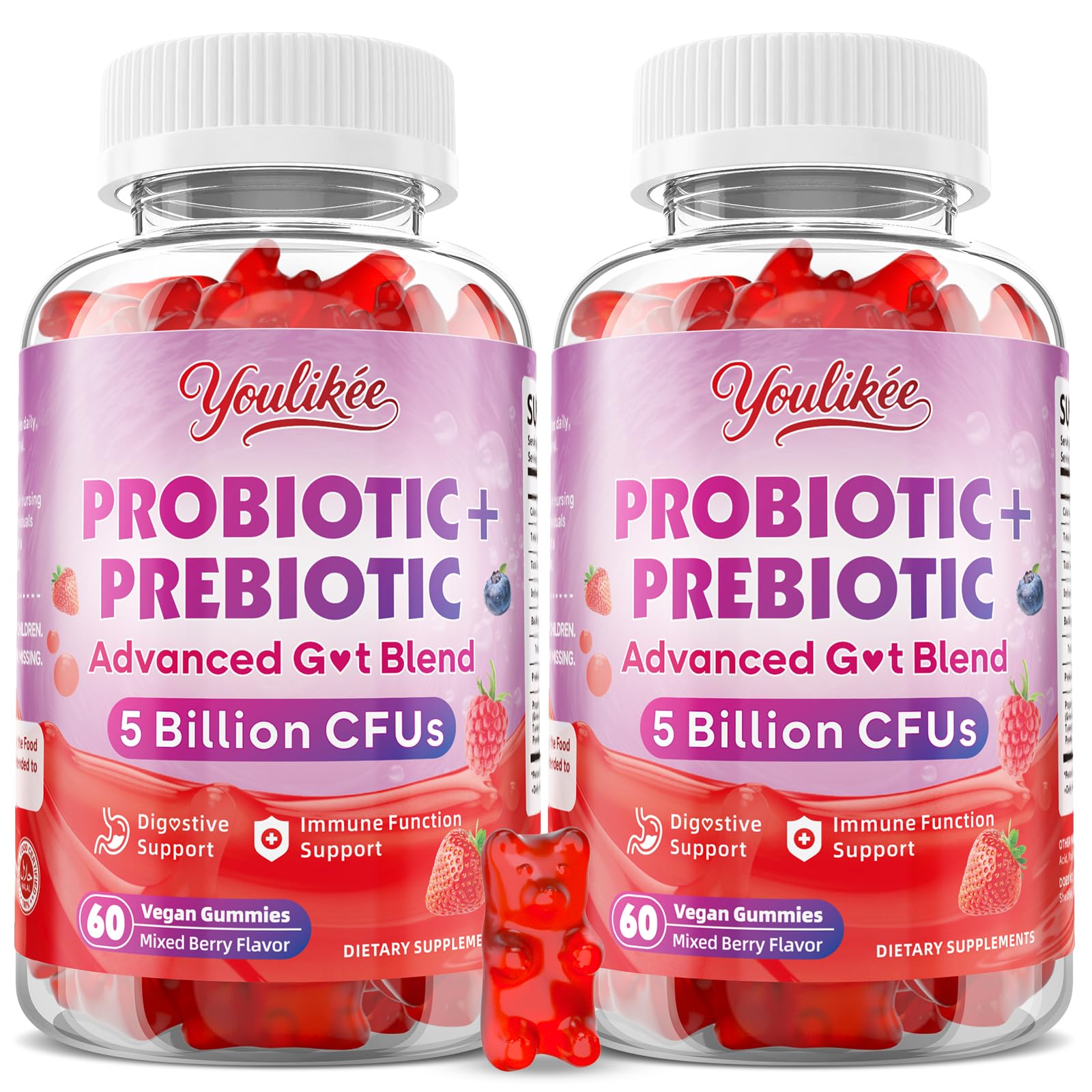 Youlikee 2 Pack Prebiotic + Probiotic Gummies for Women and Men, Probiotic Gummies Supports Gut Health, 5 Billion CFUs with Fibers, - Maple Wellness Supplements