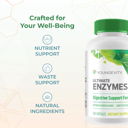 Youngevity Ultimate Enzymes® - Multi Enzymes for Digestion, Gas & Bloating Relief - Betaine HCl, Ox Bile, Pancreatine 10X, Papain 6M, Pepsin 1:3000 (120 Capsules) - Maple Wellness Supplements