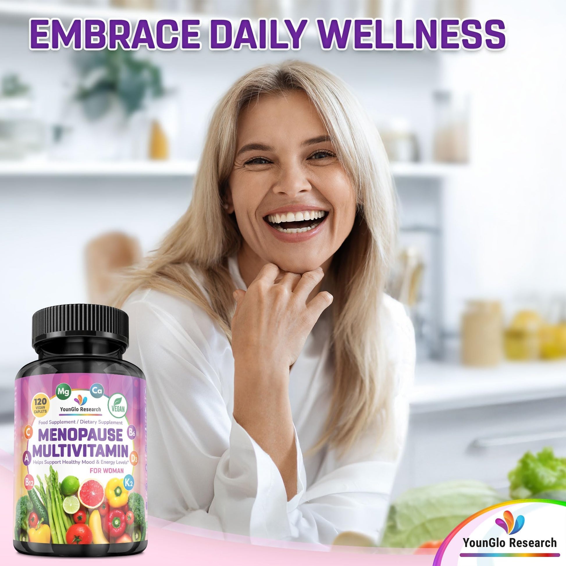 YounGlo Research Menopause Supplement - 120 Vegan Caplets - Menopause & Perimenopause Relief Support - Food and Dietary Vitamins - Multivitamin for Women - Maple Wellness Supplements