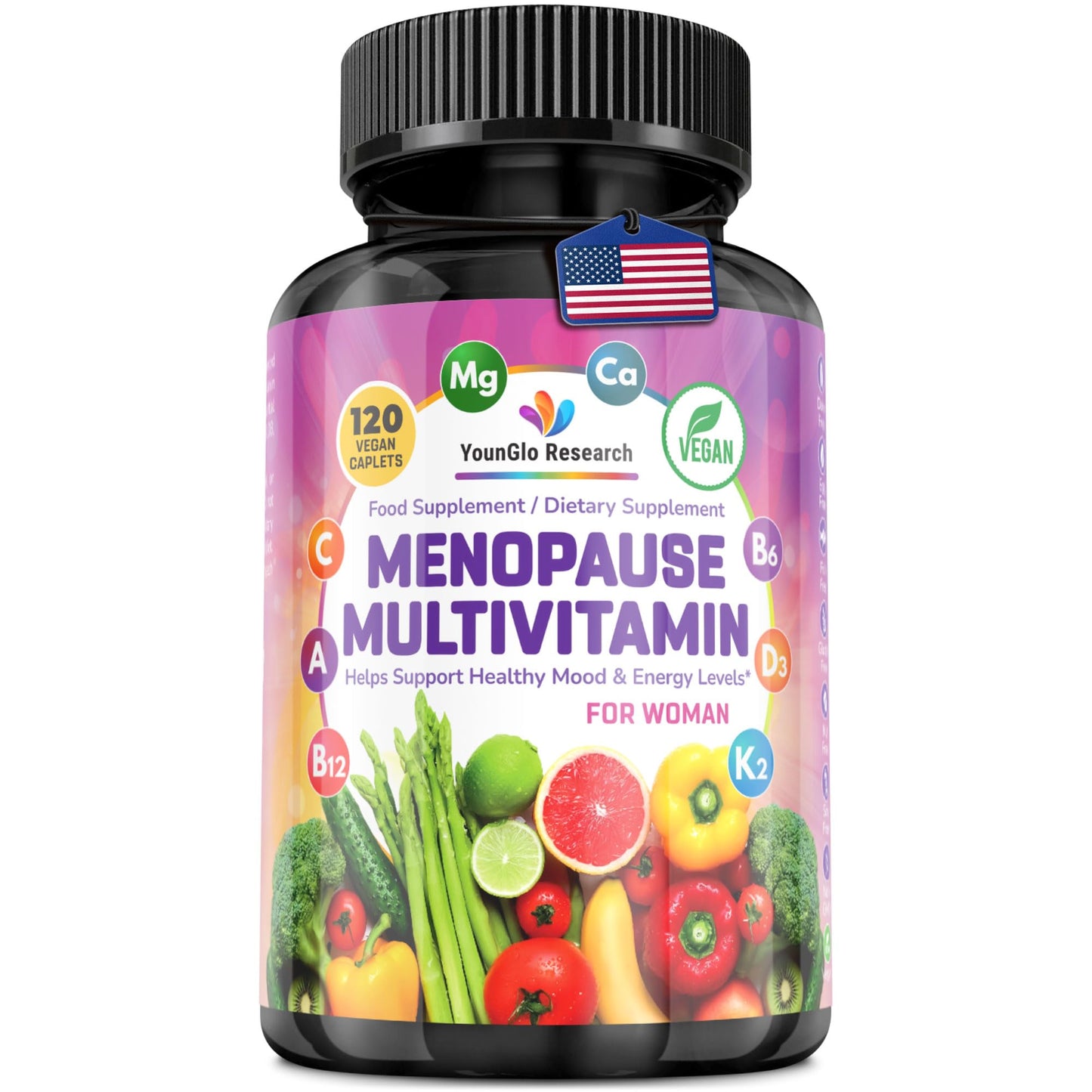 YounGlo Research Menopause Supplement - 120 Vegan Caplets - Menopause & Perimenopause Relief Support - Food and Dietary Vitamins - Multivitamin for Women - Maple Wellness Supplements