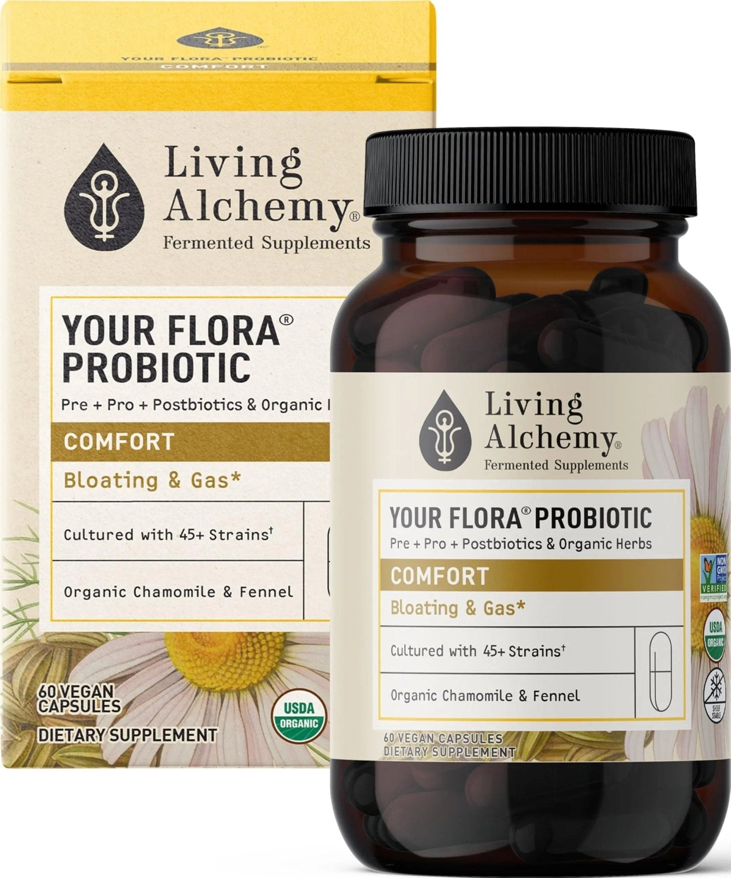 Your Flora Probiotic Comfort – Non-GMO Probiotics with Fermented Soybean, Chamomile, Fennel, Prebiotics, Digestive Enzymes for Digestion & Bloating – Prebiotics, Postbiotics – Living Alchemy, 60 Pcs - Maple Wellness Supplements