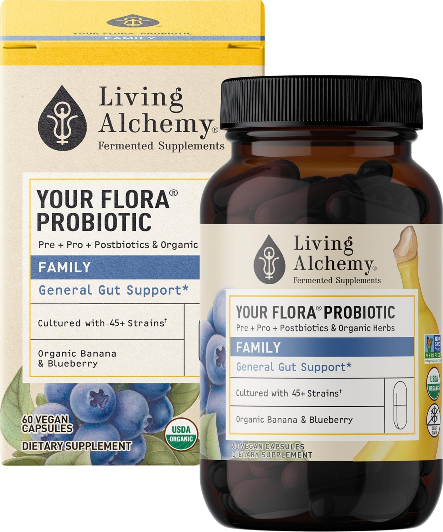 Your Flora Probiotic Family – Non-GMO Probiotics with Fermented Soybean, Banana, & Blueberry for Digestion & Gut Support – Prebiotics, Postbiotics, Digestive Enzymes – Living Alchemy, 60 Capsules - Maple Wellness Supplements