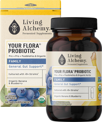 Your Flora Probiotic Family – Non-GMO Probiotics with Fermented Soybean, Banana, & Blueberry for Digestion & Gut Support – Prebiotics, Postbiotics, Digestive Enzymes – Living Alchemy, 60 Capsules - Maple Wellness Supplements