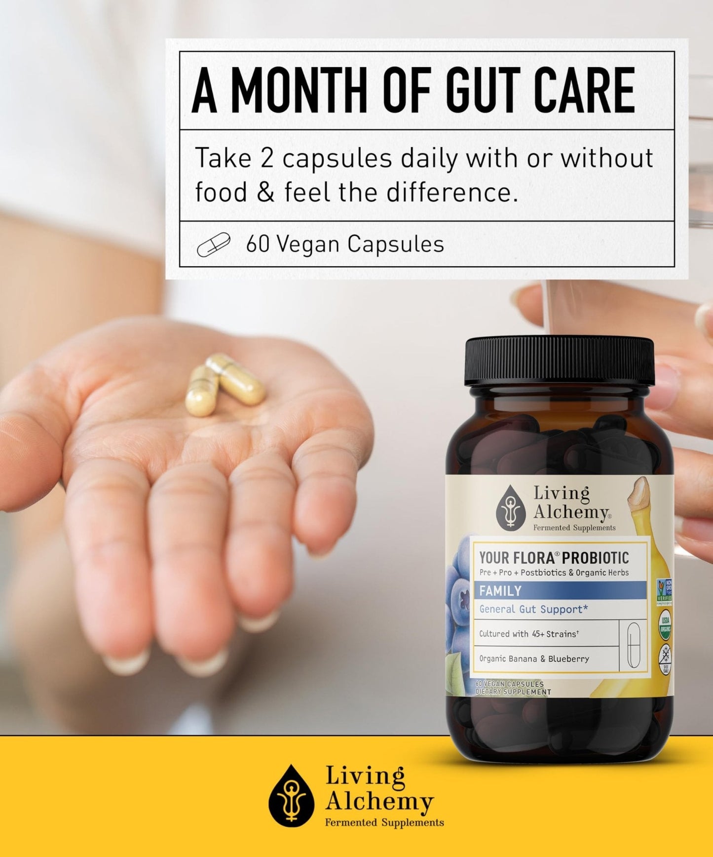 Your Flora Probiotic Family – Non-GMO Probiotics with Fermented Soybean, Banana, & Blueberry for Digestion & Gut Support – Prebiotics, Postbiotics, Digestive Enzymes – Living Alchemy, 60 Capsules - Maple Wellness Supplements
