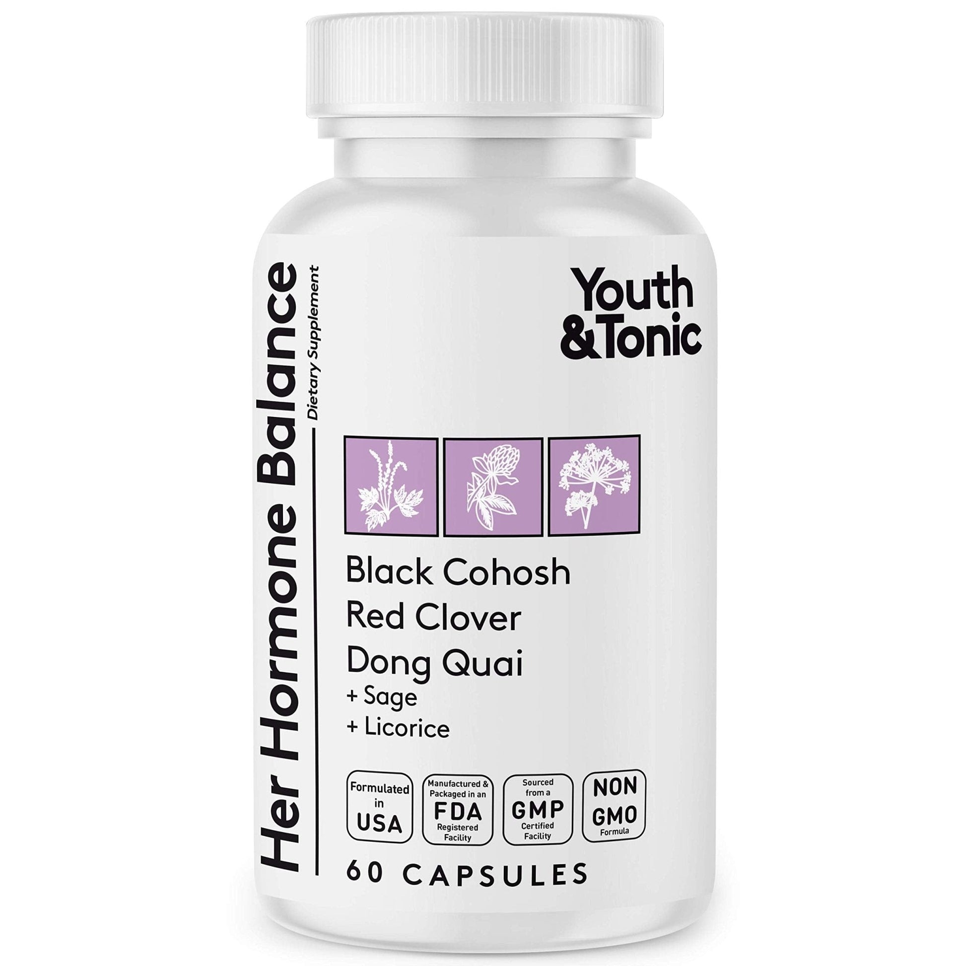 Youth & Tonic Her Hormone Balance – Menopause Supplement for Women, Perimenopause Support, Non-Hormonal Herbal Formula with Black Cohosh for Hot Flashes & Night Sweats, 60 Capsules - Maple Wellness Supplements
