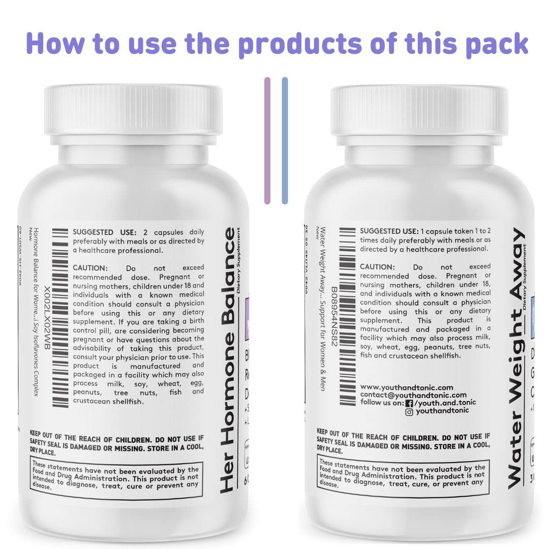 Youth & Tonic PMS & Menopause Bloating Relief Duo – Support for Puffiness, Hormonal Balance & Fluid Retention – Her Hormone Balance + Water Weight Away Natural Herbs for Women, 90 Capsules - Maple Wellness Supplements