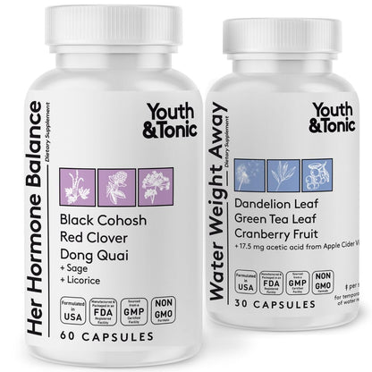 Youth & Tonic PMS & Menopause Bloating Relief Duo – Support for Puffiness, Hormonal Balance & Fluid Retention – Her Hormone Balance + Water Weight Away Natural Herbs for Women, 90 Capsules - Maple Wellness Supplements