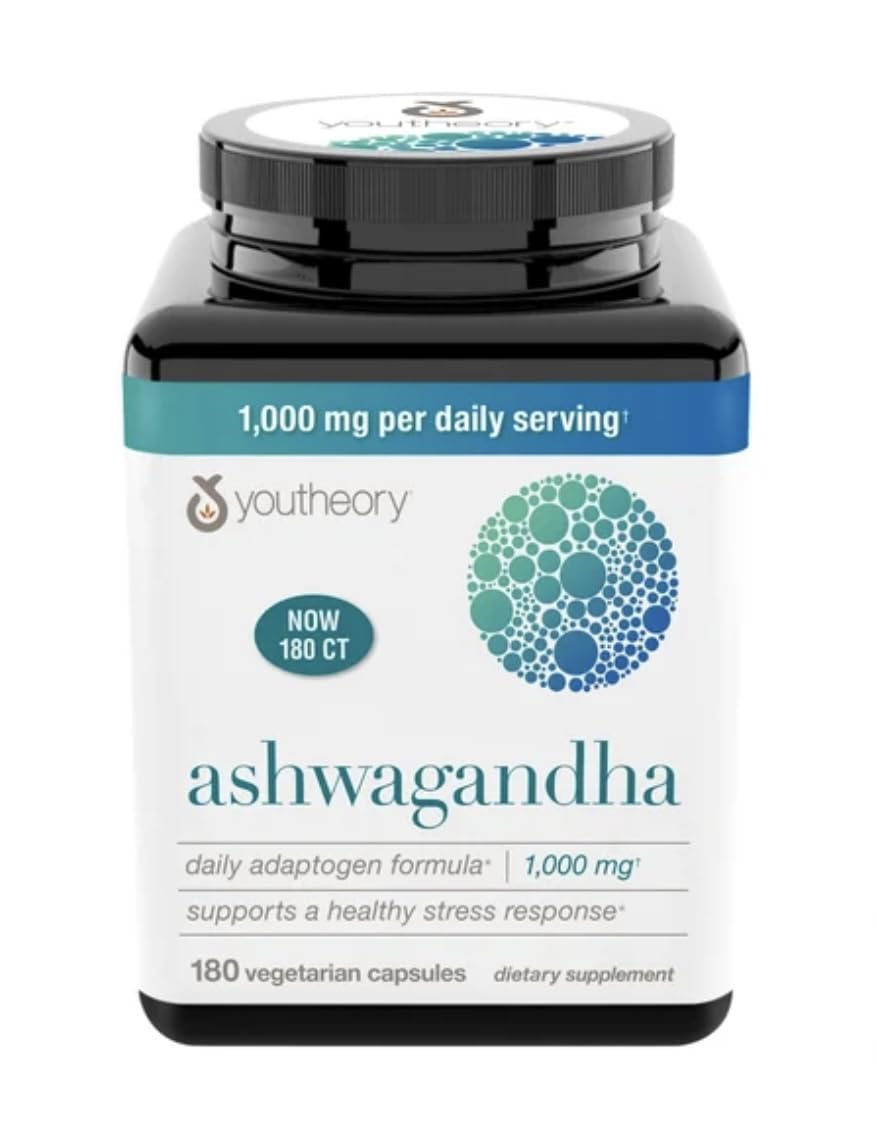 Youtheory Ashwagandha 1000mg with KSM-66 - Helps Support a Healthy Stress Response,180 Capsules (Pack of 1) - Maple Wellness Supplements