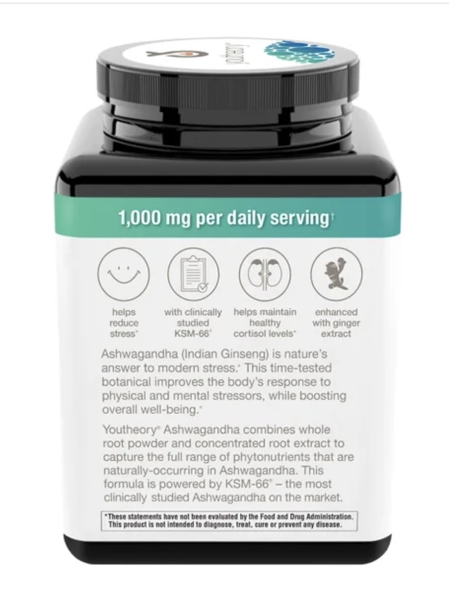 Youtheory Ashwagandha 1000mg with KSM-66 - Helps Support a Healthy Stress Response,180 Capsules (Pack of 1) - Maple Wellness Supplements