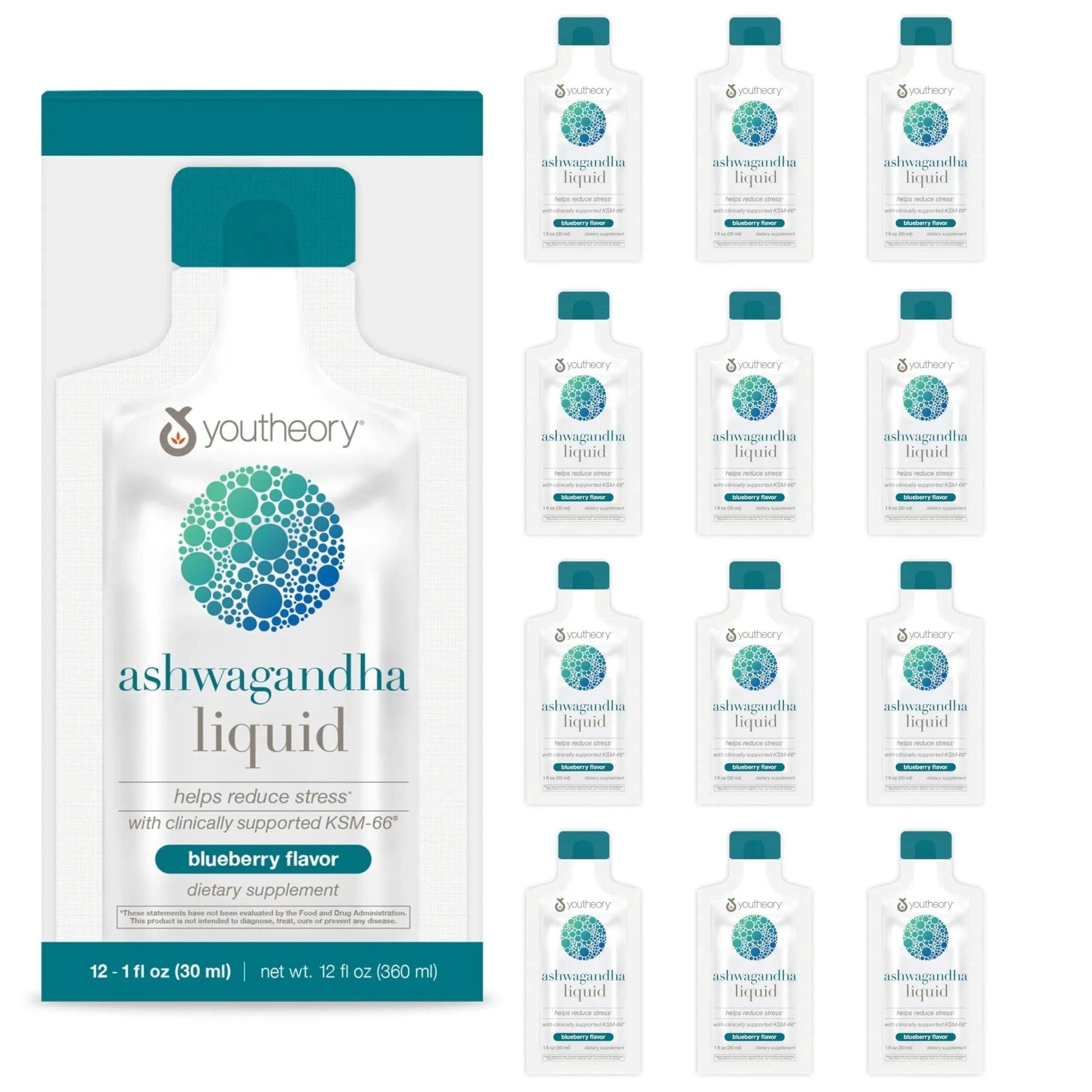 Youtheory Ashwagandha Liquid - with Organic KSM-66 Ashwagandha - Herbal Blend to Support Stress Relief & Energy Levels* - Helps Support Mood* - 1 oz Single Serve Packet, Pack of 12 - Maple Wellness Supplements