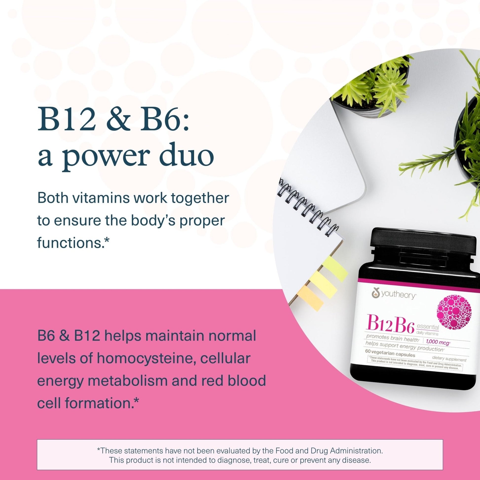 Youtheory B12B6 - Vitamin B12 & B6 - Supports Mood, Nervous System & Metabolism* - Aids Memory & Stress Management* - Maple Wellness Supplements