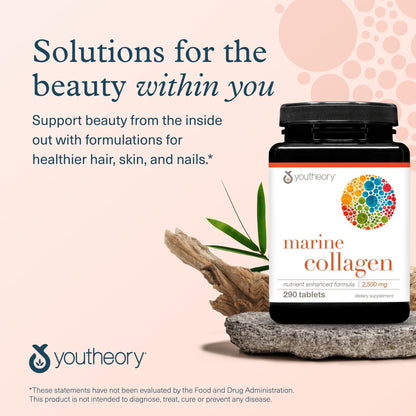 Youtheory Marine Collagen Tablets - 2,500 mg Fish-Sourced Collagen Peptides- with Vitamins A, C, E, B6 & B12 - Supports Joint & Nail Health* - Highly Absorbable - 290 Tablets (58-Day Supply) - Maple Wellness Supplements