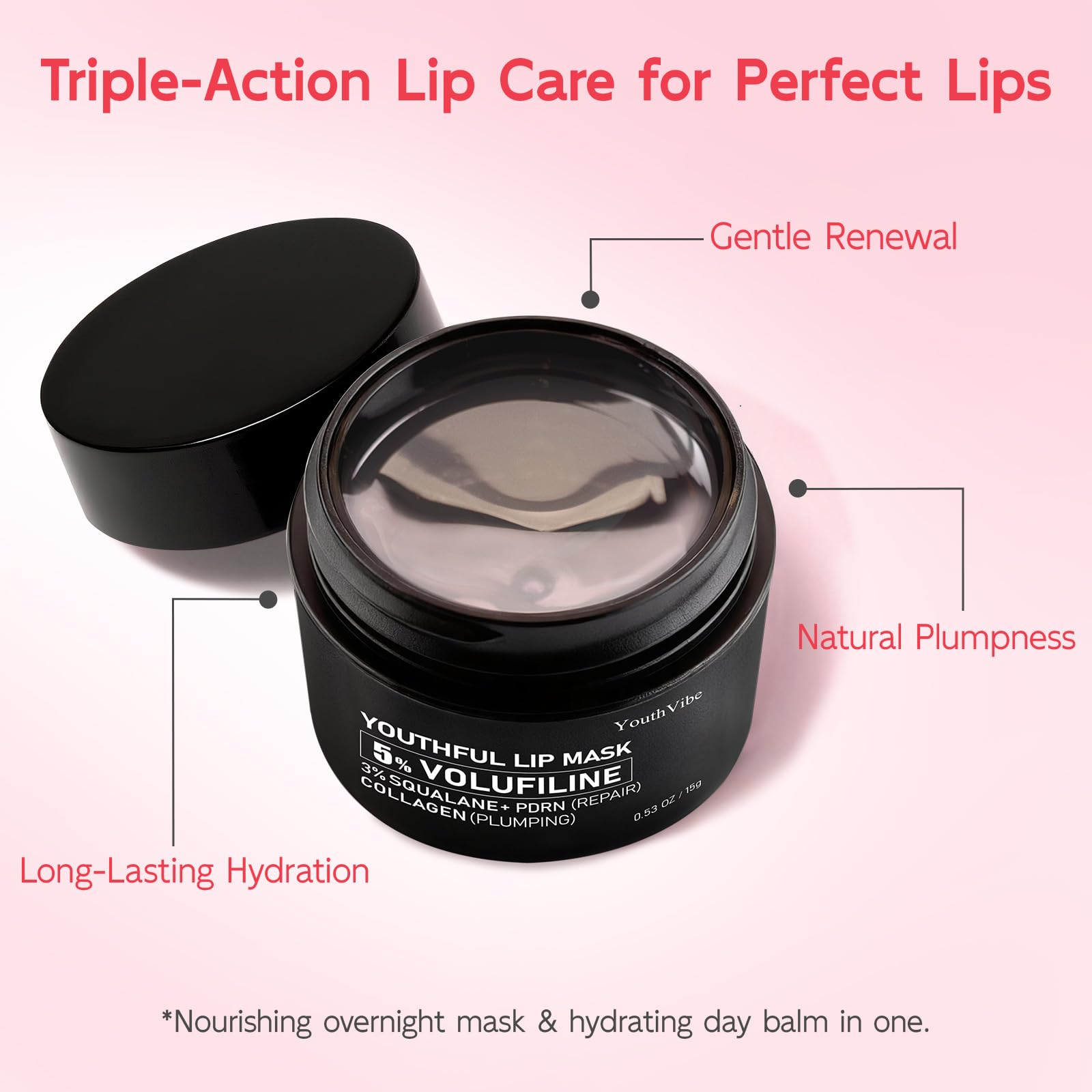 YouthVibe Lip Mask Overnight Moisturizing - Nourish & Hydrate, Antioxidants, 5% Volufiline - Maple Wellness Supplements