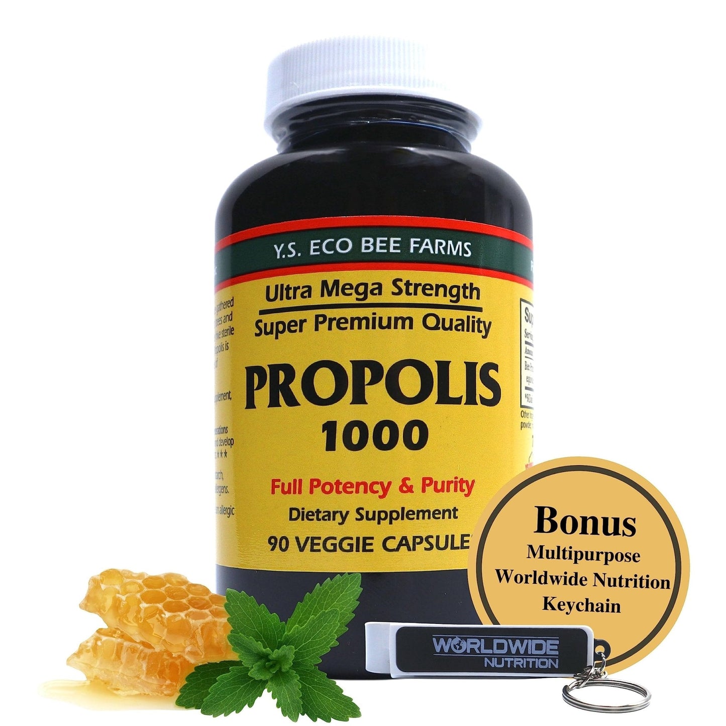 Y.S. Organic Bee Farms Propolis-Raw Unprocessed 1000mg - Your Gateway to Wellness - 90 Capsules with Bonus worldwidenutrition Multi Purpose Key Chain - Maple Wellness Supplements